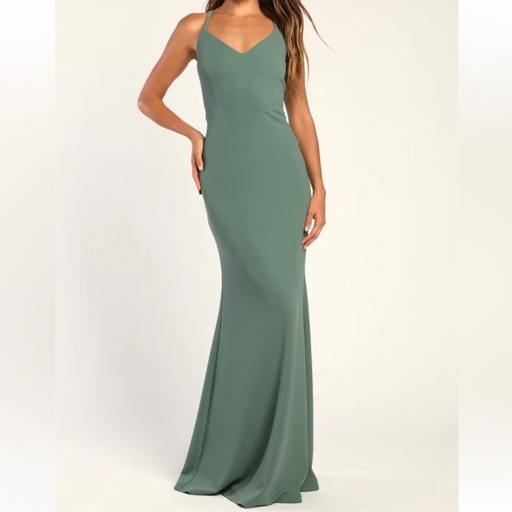 Lulus Moments Of Bliss Dusty Seafoam Backless Mermaid Maxi Dress NWT